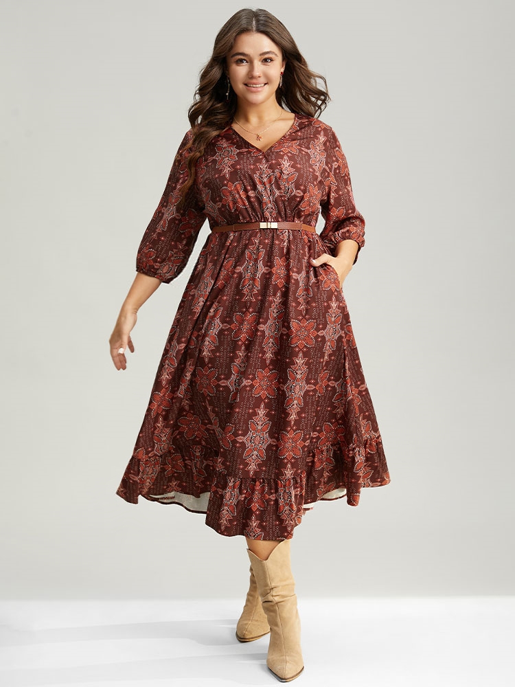 Plus Size Women Work Graphic-Christmas Wrap Lantern Sleeve Elbow-length sleeve Overlap Collar Pocket Office Dresses BloomChic 