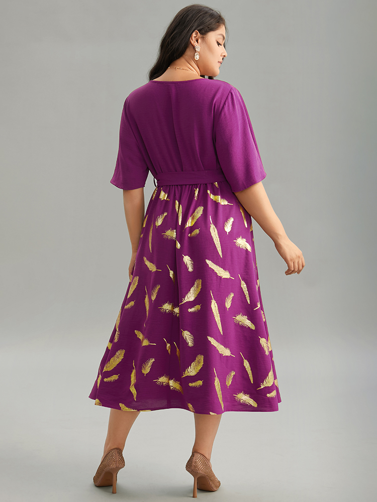 

Plus Size Feather Glitter Elastic Waist Patchwork Wrap Belted Dress Purple Women Glamour Wrap Overlap Collar Short sleeve Curvy Midi Dress BloomChic