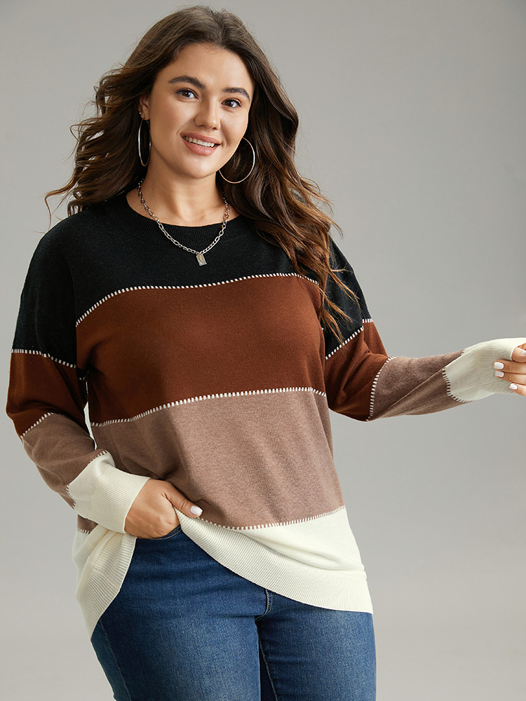 

Plus Size Supersoft Essentials Colorblock Contrast Round Neck Pullover Multicolor Women Casual Loose Long Sleeve Round Neck Everyday Pullovers BloomChic