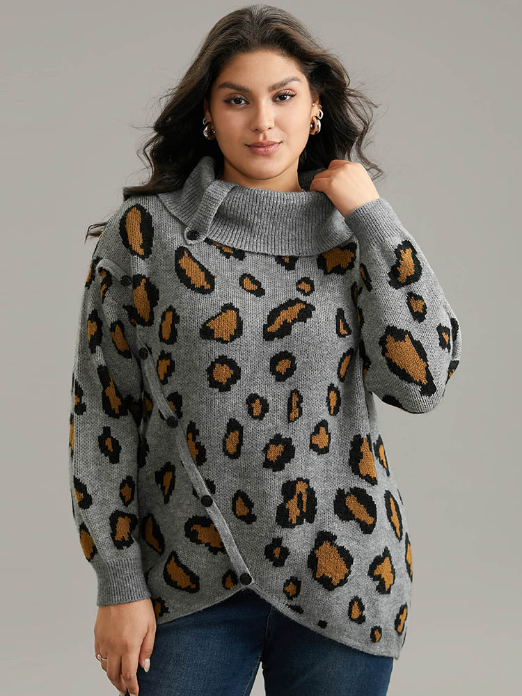 

Plus Size Anti-Pilling Leopard PrintLapel Collar Button Detail Pullover Gray Women Casual Loose Long Sleeve Lapel Collar Dailywear Pullovers BloomChic