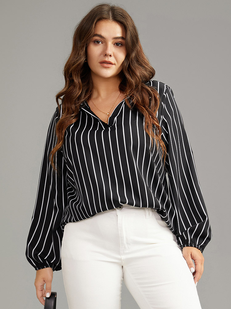 

Plus Size Black Striped Shirt Collar Lantern Sleeve Blouse Women Office Long Sleeve Shirt collar Work Blouses BloomChic