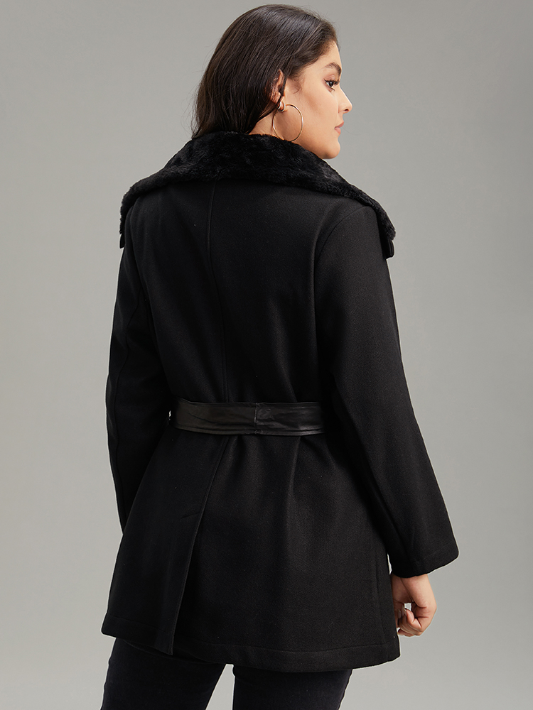 Plus Size Solid Zipper Belted PU Leather Knot Fuzzy Trim Coat Women Black Casual Plain Ladies Dailywear Winter Coats BloomChic 30/6X 