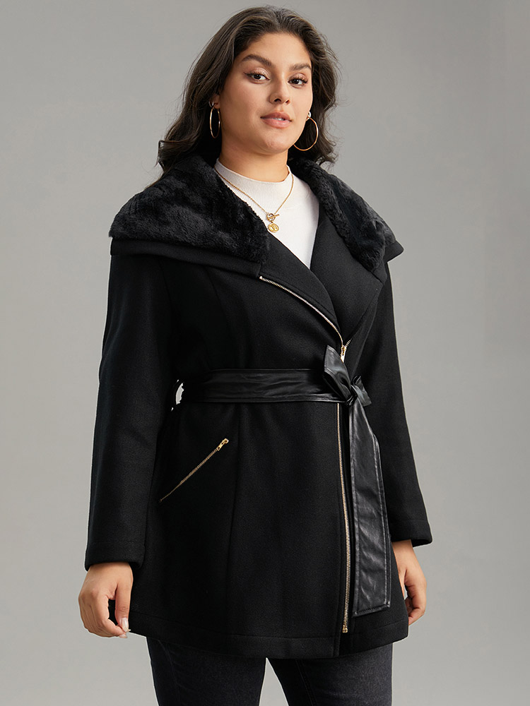 Plus Size Solid Zipper Belted PU Leather Knot Fuzzy Trim Coat Women Black Casual Plain Ladies Dailywear Winter Coats BloomChic 30/6X 