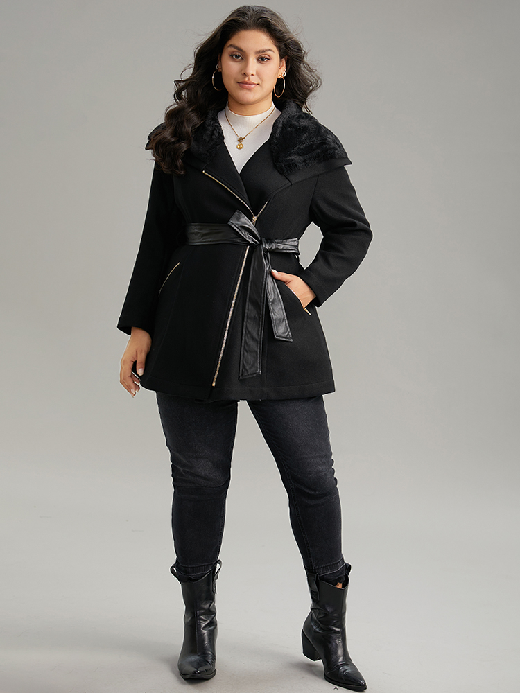 Plus Size Solid Zipper Belted PU Leather Knot Fuzzy Trim Coat Women Black Casual Plain Ladies Dailywear Winter Coats BloomChic 30/6X 