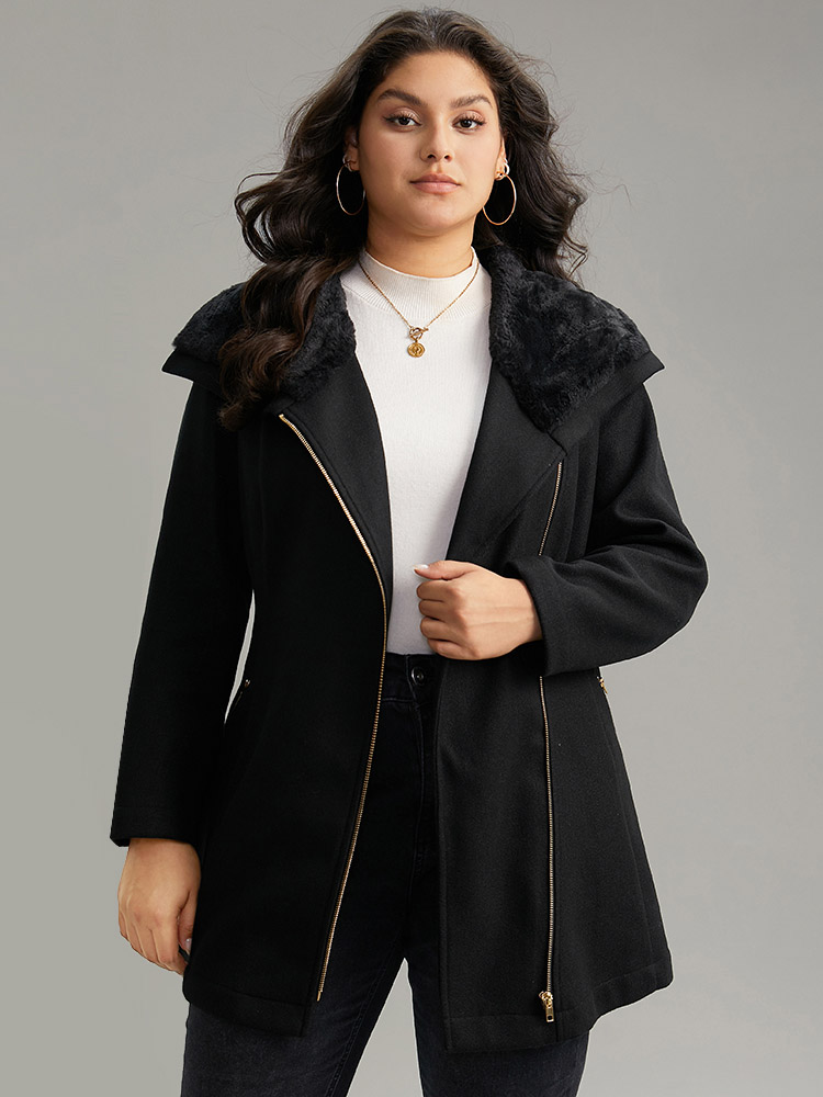 Plus Size Solid Zipper Belted PU Leather Knot Fuzzy Trim Coat Women Black Casual Plain Ladies Dailywear Winter Coats BloomChic 30/6X 