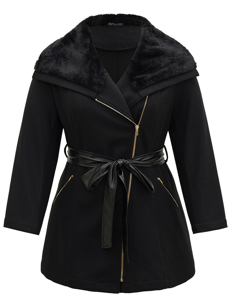 Plus Size Solid Zipper Belted PU Leather Knot Fuzzy Trim Coat Women Black Casual Plain Ladies Dailywear Winter Coats BloomChic 30/6X 