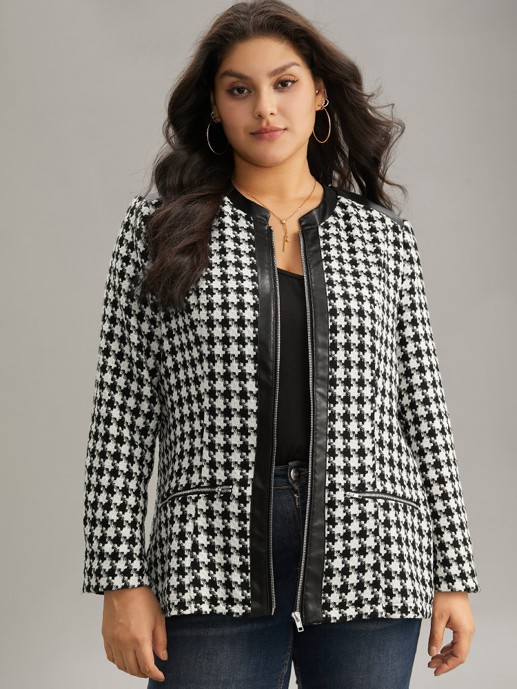 

Plus Size Houndstooth PU Leather Patchwork Tweed Zipper Blazer Black Women Dailywear Houndstooth Contrast Sleeve Long Sleeve Open Front  Pocket Casual Blazers BloomChic