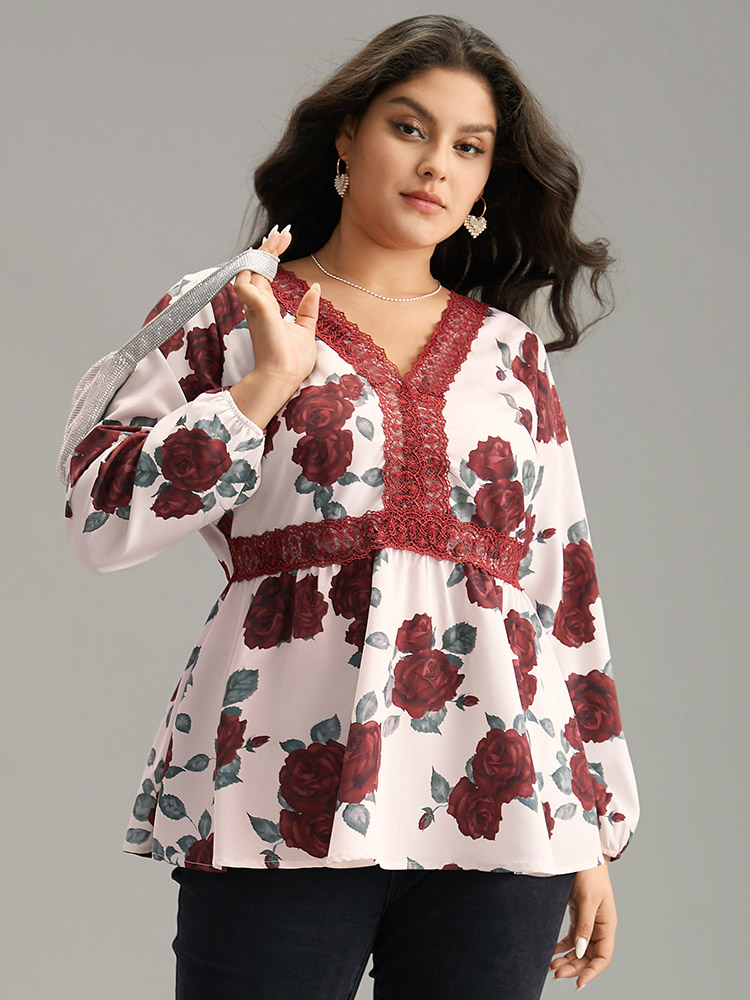 

Plus Size Scarlet Floral Print Eyelet Lace Lantern Sleeve Blouse Women Glamour Long Sleeve V-neck Going out Blouses BloomChic