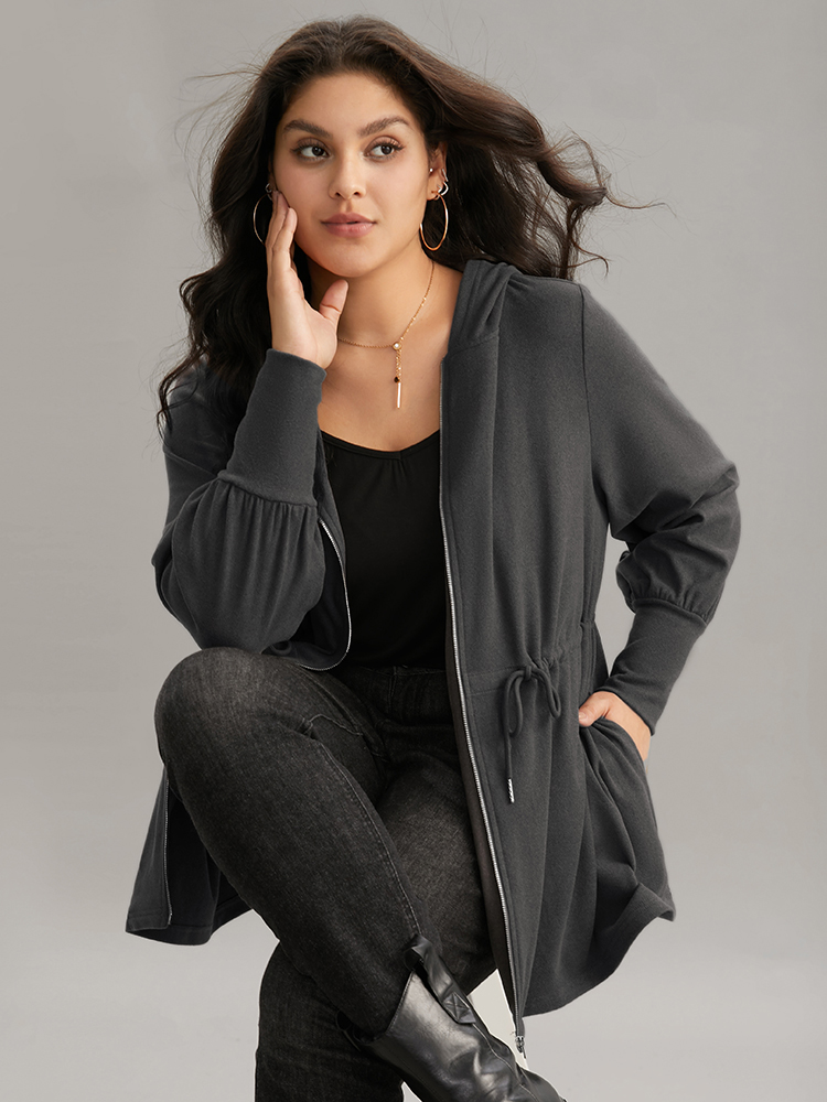Plus Size Solid Drawstring Hooded Pocket Zipper Sweatshirt Women Gray Casual Plain Hooded Everyday Sweatshirts BloomChic 28/5X 