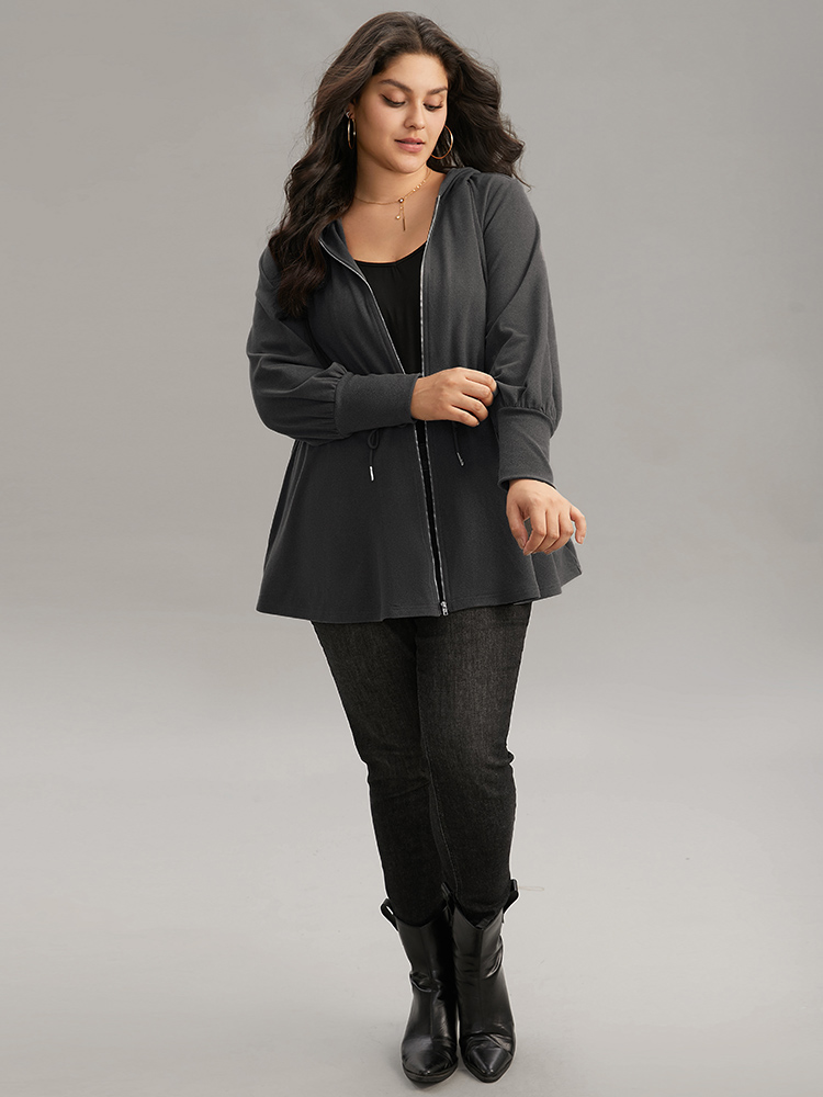 Plus Size Solid Drawstring Hooded Pocket Zipper Sweatshirt Women Gray Casual Plain Hooded Everyday Sweatshirts BloomChic 28/5X 