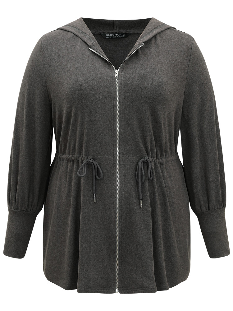 Plus Size Solid Drawstring Hooded Pocket Zipper Sweatshirt Women Gray Casual Plain Hooded Everyday Sweatshirts BloomChic 28/5X 