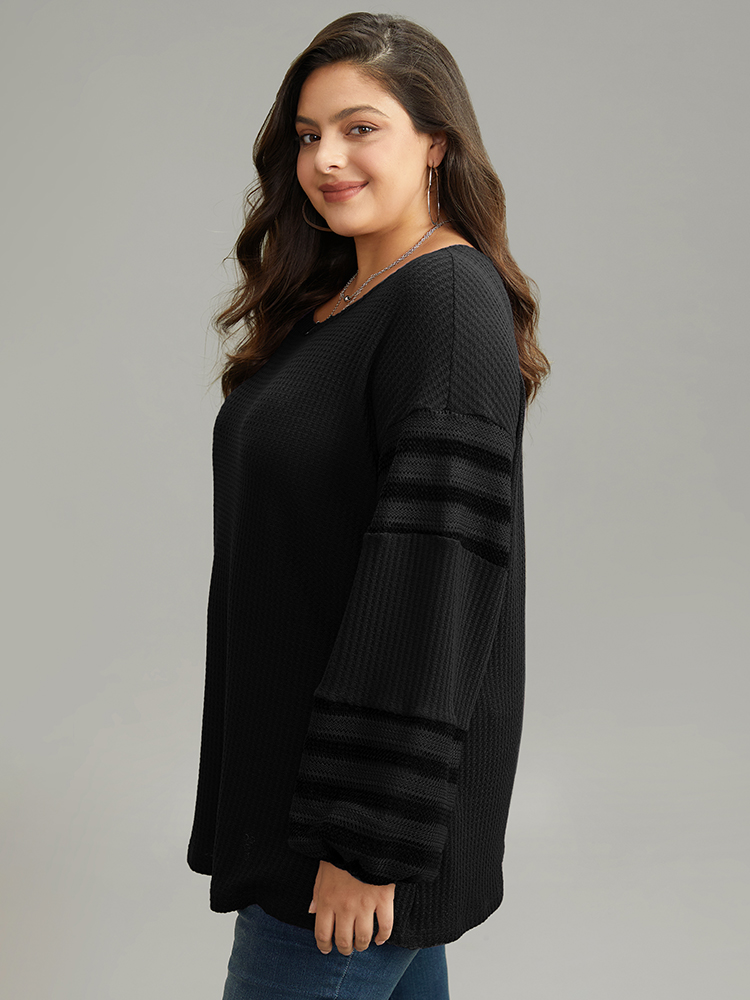 Plus Size Plain Texture Patchwork Hollow Out T-shirt Black Women Casual Elastic cuffs Plain Round Neck Dailywear T-shirts BloomChic 30/6X 