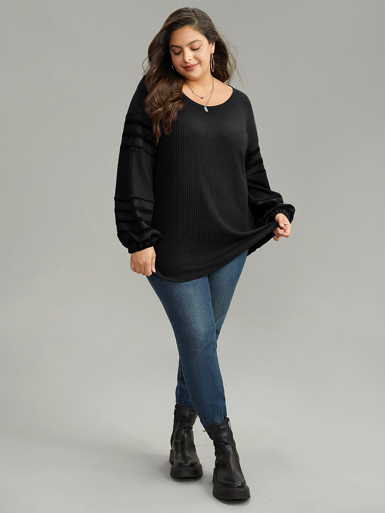 Plus Size Plain Texture Patchwork Hollow Out T-shirt Black Women Casual Elastic cuffs Plain Round Neck Dailywear T-shirts BloomChic 30/6X 