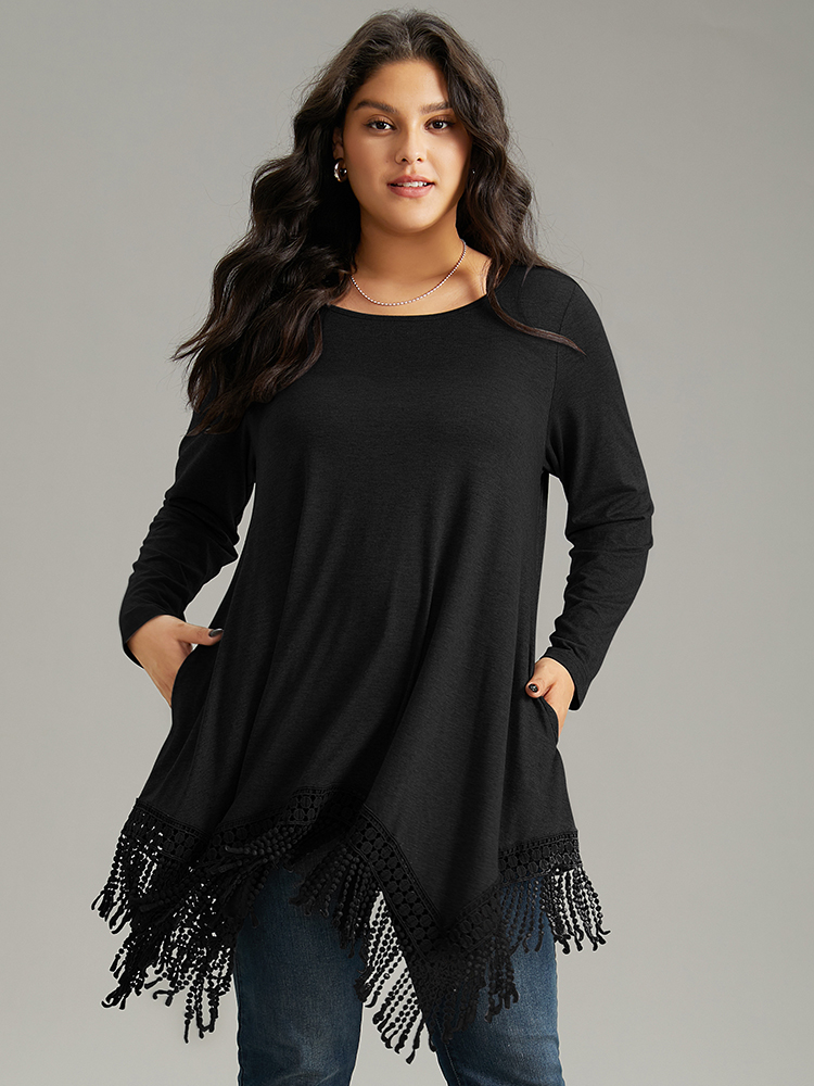 

Plus Size Solid Tassels Trim Pocket Asymmetrical Hem T-shirt Black Round Neck Long Sleeve Elegant Jersey Tops