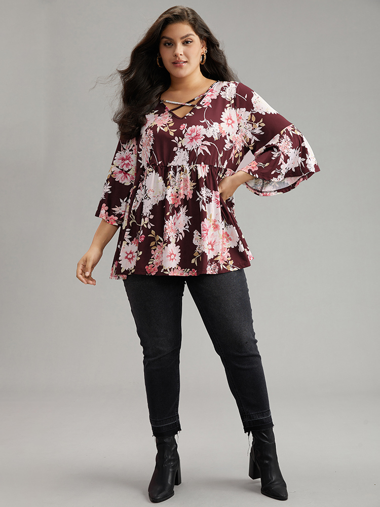 

Plus Size Floral Crisscross Ruffle Sleeve T-shirt Burgundy V-neck Elbow-length sleeve Elegant Jersey Tops