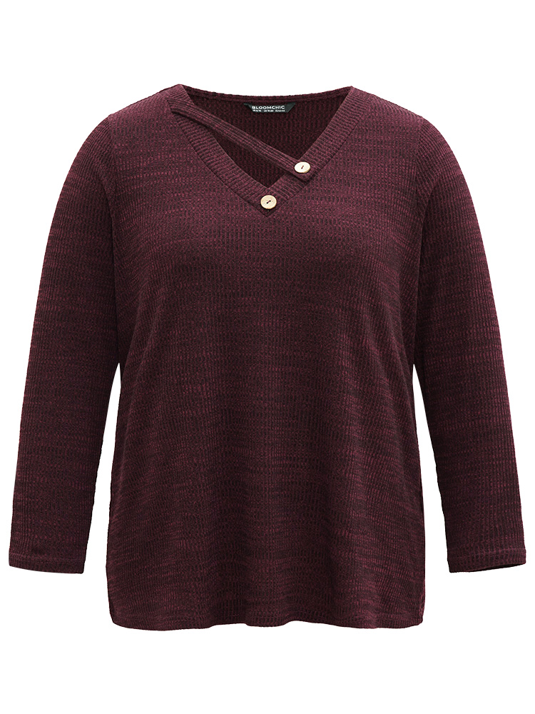 

Plus Size Solid Rib Knit Button Detail T-shirt Red Women Casual Non Plain V-neck Everyday T-shirts BloomChic