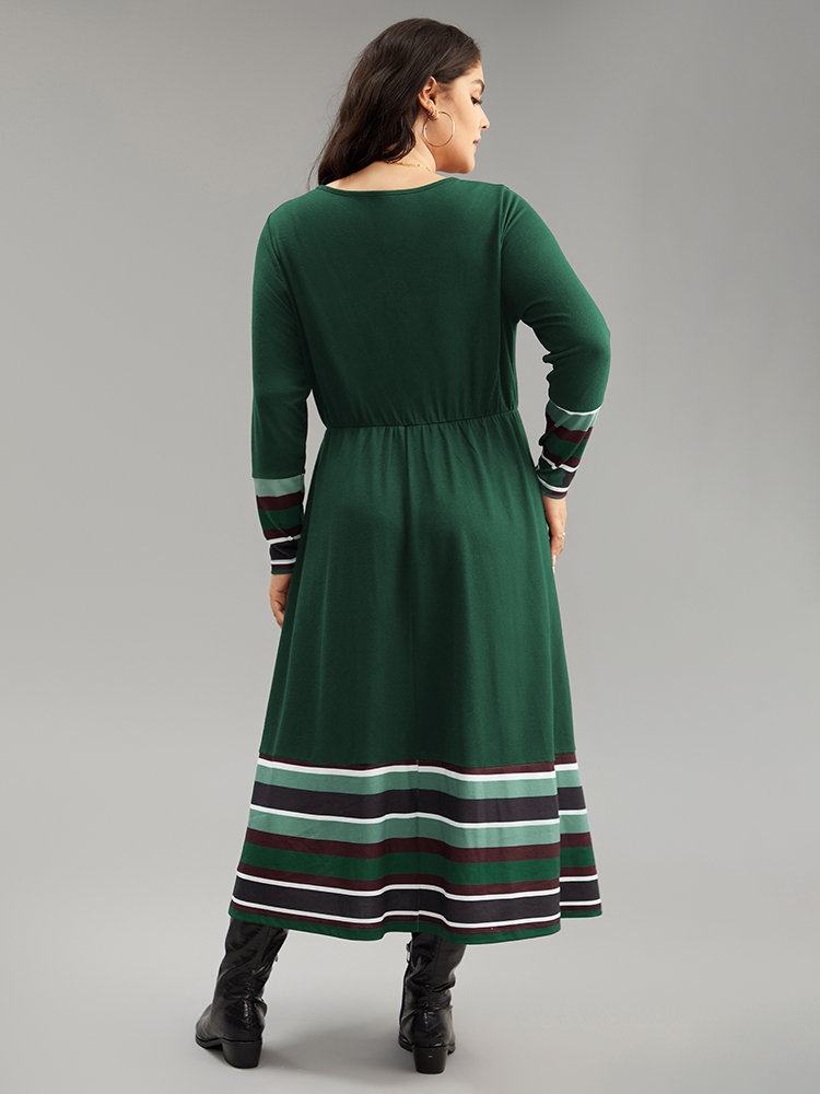 

Plus Size Striped Patchwork Contrast Crew Neck Dress DarkGreen Women Casual Contrast Round Neck Long Sleeve Curvy Midi Dress BloomChic
