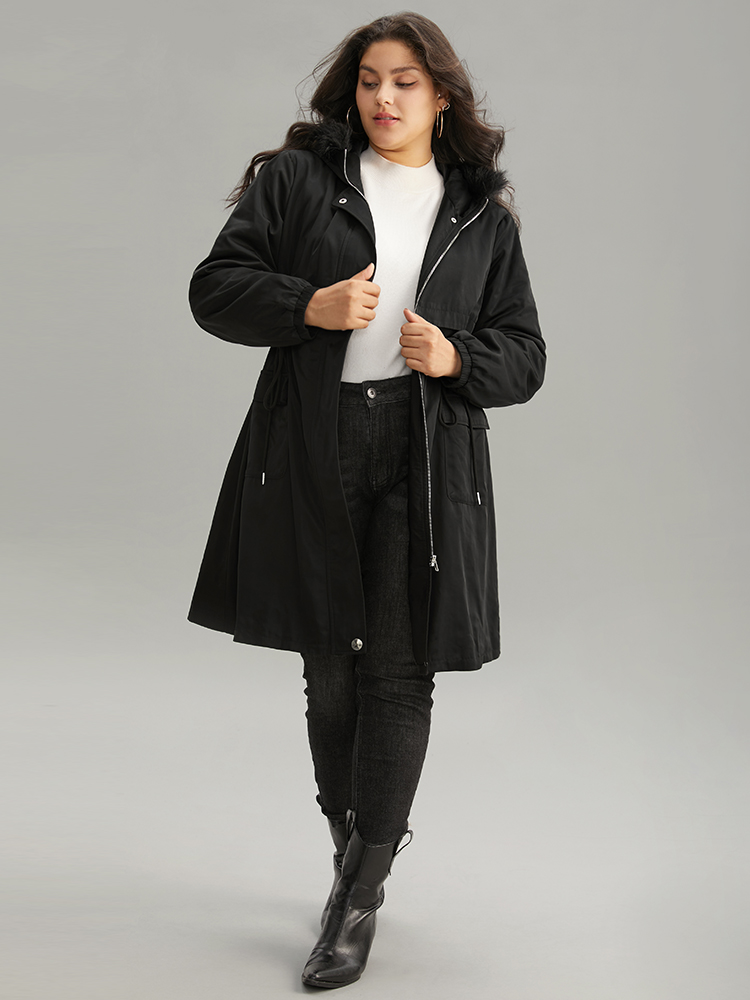 

Plus Size Solid Hooded Drawstring Zipper Fuzzy Trim Coat Women Black Casual Plain Ladies Dailywear Winter Coats BloomChic