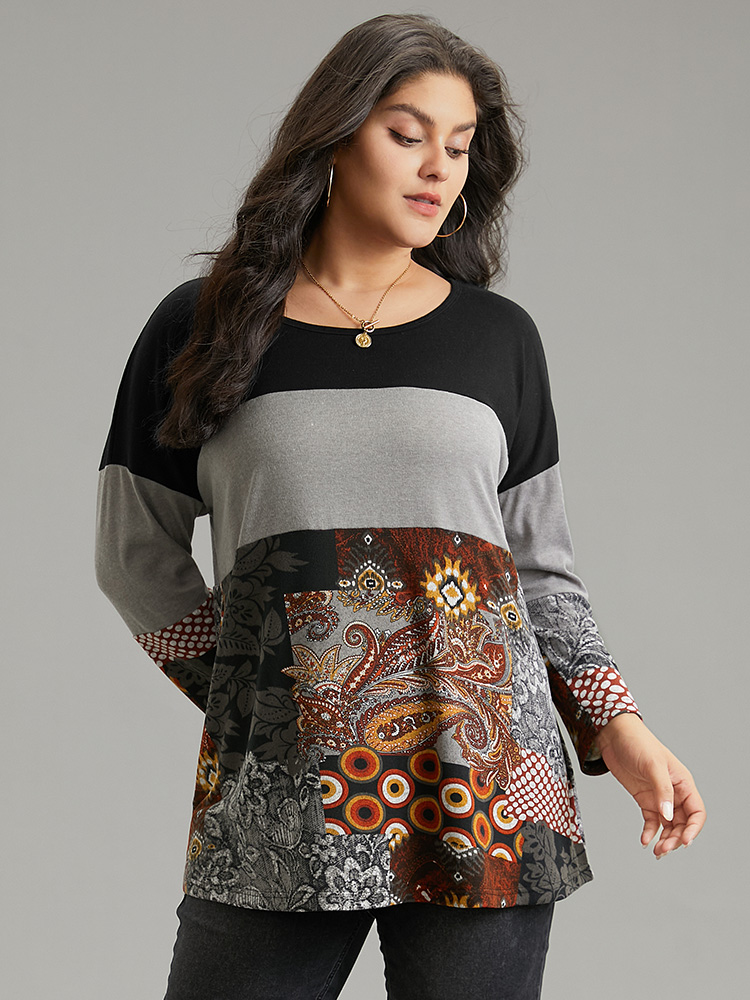 

Plus Size Boho Print Colorblock Contrast Crew Neck T-shirt Black Round Neck Long Sleeve Casual Jersey Tops