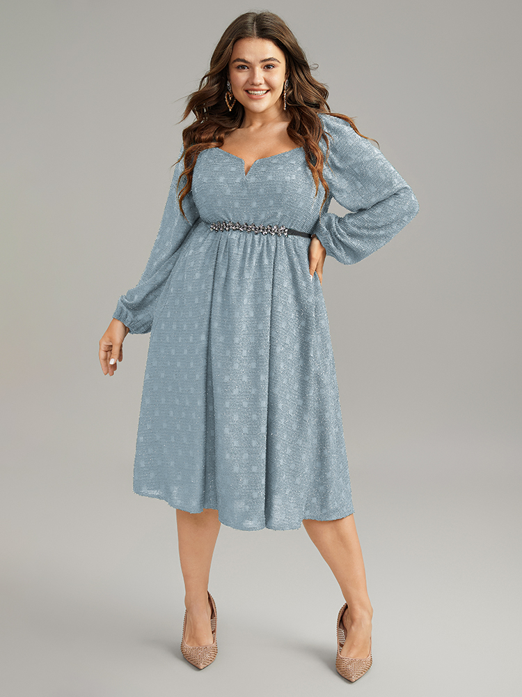 

Plus Size Plain Textured Gathered Square Neck Dress LightBlue Women Party Elastic cuffs Notched collar Long Sleeve Curvy Midi Dress BloomChic