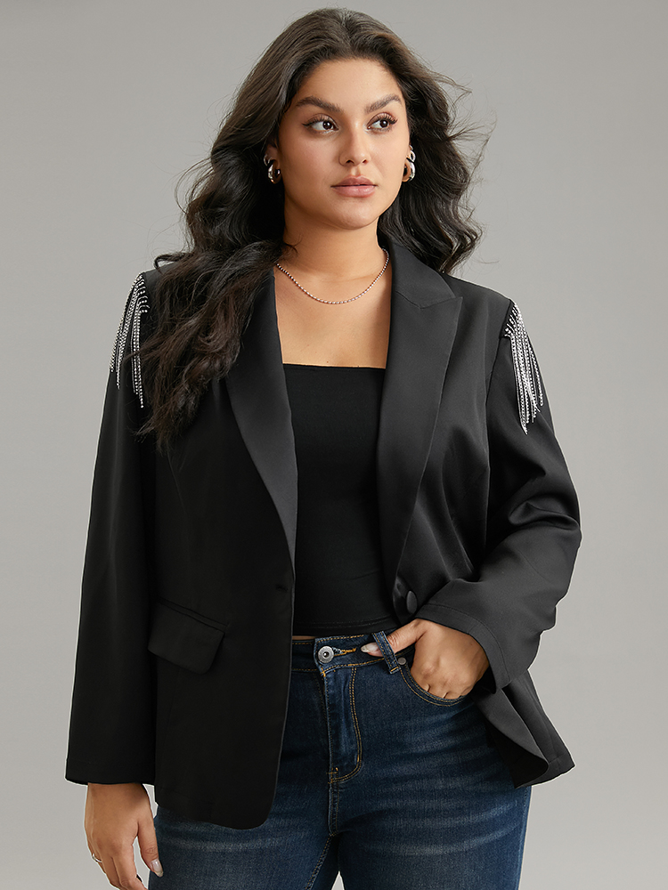 

Plus Size Solid Suit Collar Tassel Trim Blazer Black Women Dailywear Plain Tassels Sleeve Long Sleeve Suit Collar  Elegant Blazers BloomChic