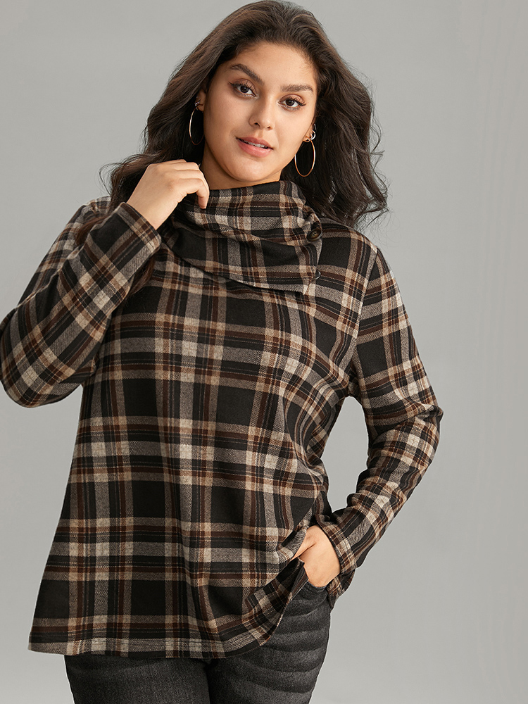 

Plus Size Plaid Funnel Neck Button Detail T-shirt Brown Turtleneck Long Sleeve Casual Jersey Tops