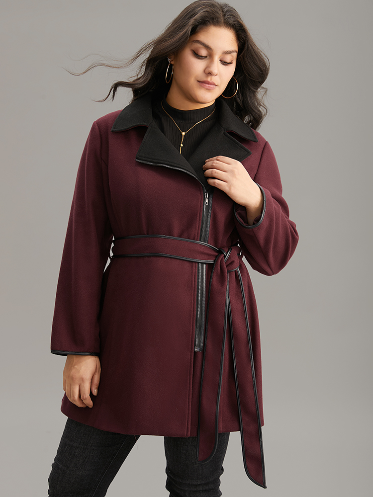 

Plus Size Lapel Collar Contrast Patchwork Zipper Belted Coat Women Burgundy Casual Lined Ladies Dailywear Winter Coats BloomChic