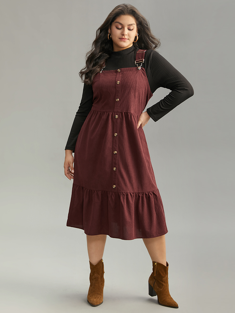 

Plus Size Corduroy Button Detail Ruffles Adjustable Straps Dress Chocolate Women Casual Adjustable Straps Spaghetti Strap Sleeveless Curvy Midi Dress BloomChic