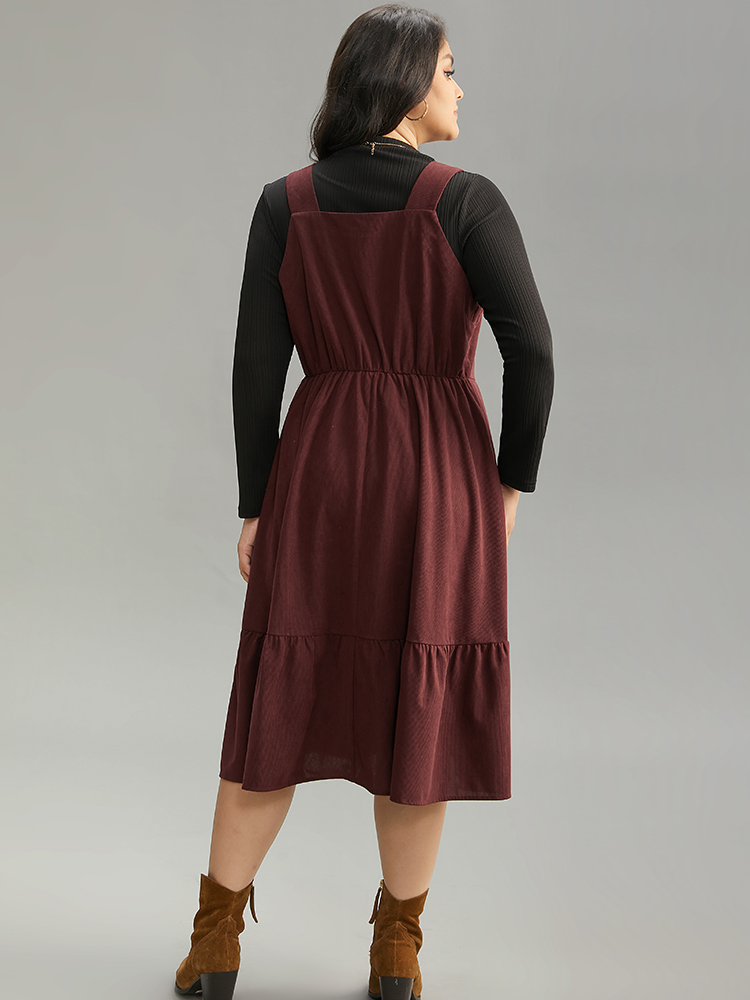 Plus Size Corduroy Button Detail Ruffles Adjustable Straps Dress Chocolate Women Casual Adjustable Straps Spaghetti Strap Sleeveless Curvy Midi Dress BloomChic 10/M 