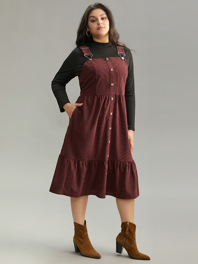 Plus Size Corduroy Button Detail Ruffles Adjustable Straps Dress Chocolate Women Casual Adjustable Straps Spaghetti Strap Sleeveless Curvy Midi Dress BloomChic 10/M 