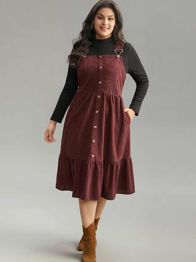 Plus Size Corduroy Button Detail Ruffles Adjustable Straps Dress Chocolate Women Casual Adjustable Straps Spaghetti Strap Sleeveless Curvy Midi Dress BloomChic 10/M 
