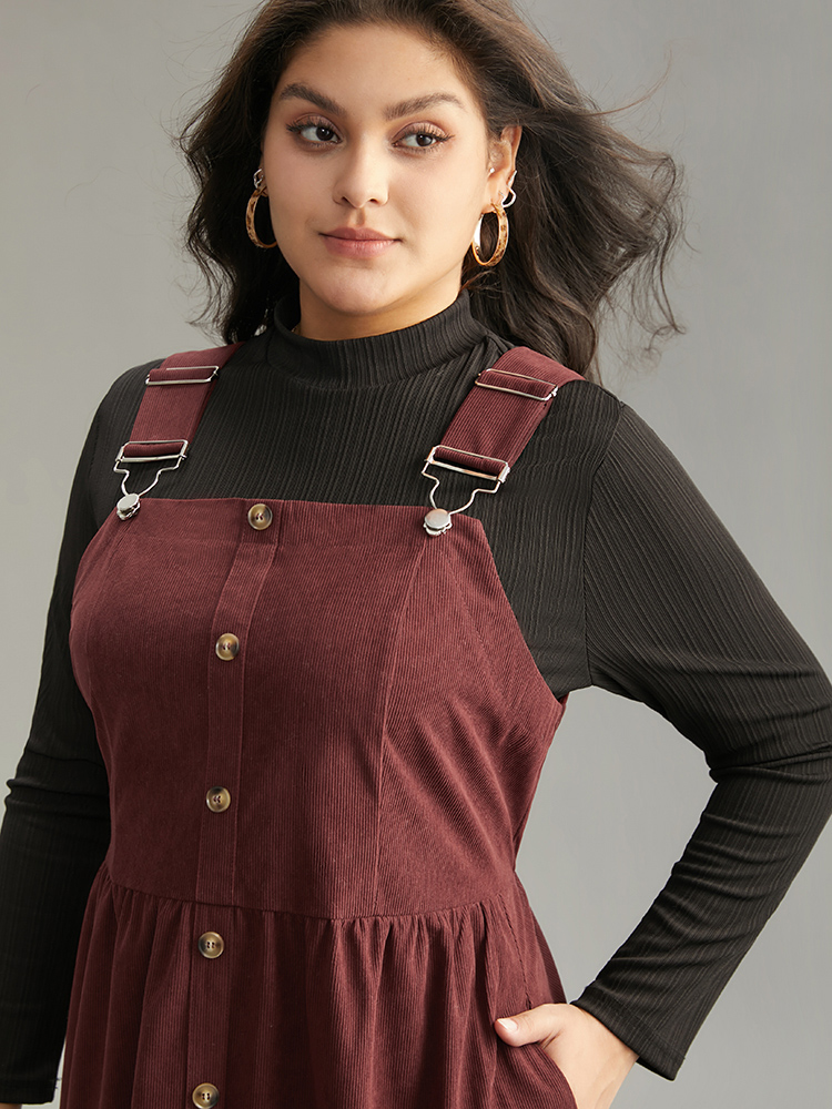 Plus Size Corduroy Button Detail Ruffles Adjustable Straps Dress Chocolate Women Casual Adjustable Straps Spaghetti Strap Sleeveless Curvy Midi Dress BloomChic 10/M 