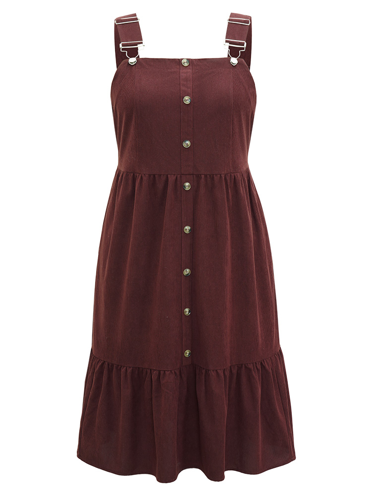 Plus Size Corduroy Button Detail Ruffles Adjustable Straps Dress Chocolate Women Casual Adjustable Straps Spaghetti Strap Sleeveless Curvy Midi Dress BloomChic 10/M 