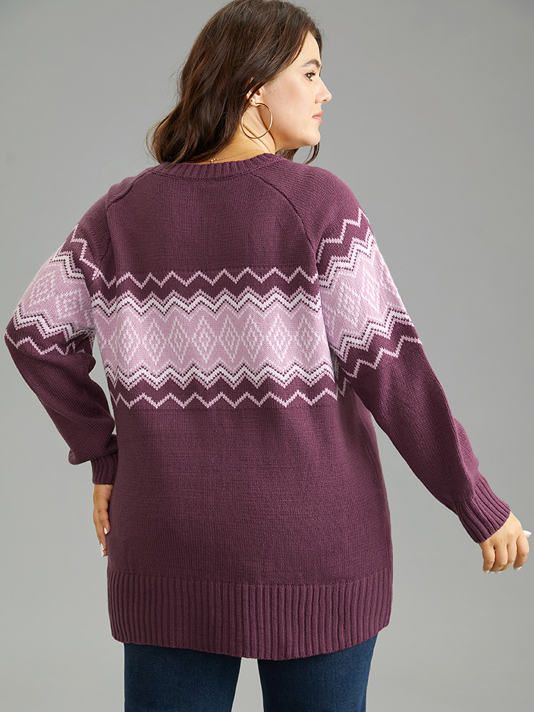 

Plus Size Geo Raglan Sleeve Elastic Hem Pullover Mauve Women Casual Loose Long Sleeve Round Neck Everyday Pullovers BloomChic