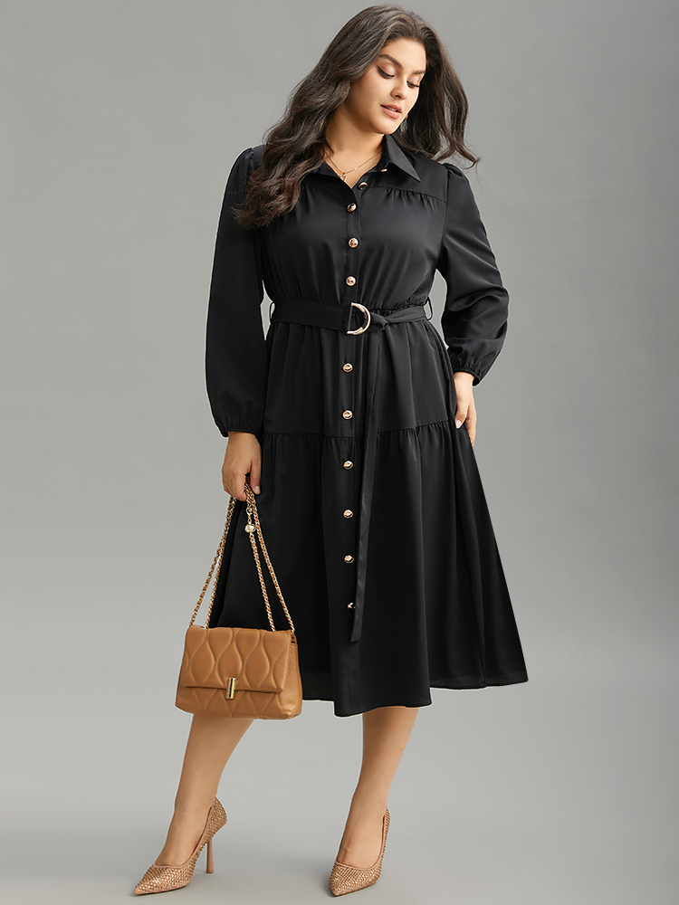 

Plus Size Anti-Wrinkle Shirt Collar Belted Metal Detail Dress Black Women Office Plain Shirt collar Long Sleeve Curvy Midi Dress BloomChic