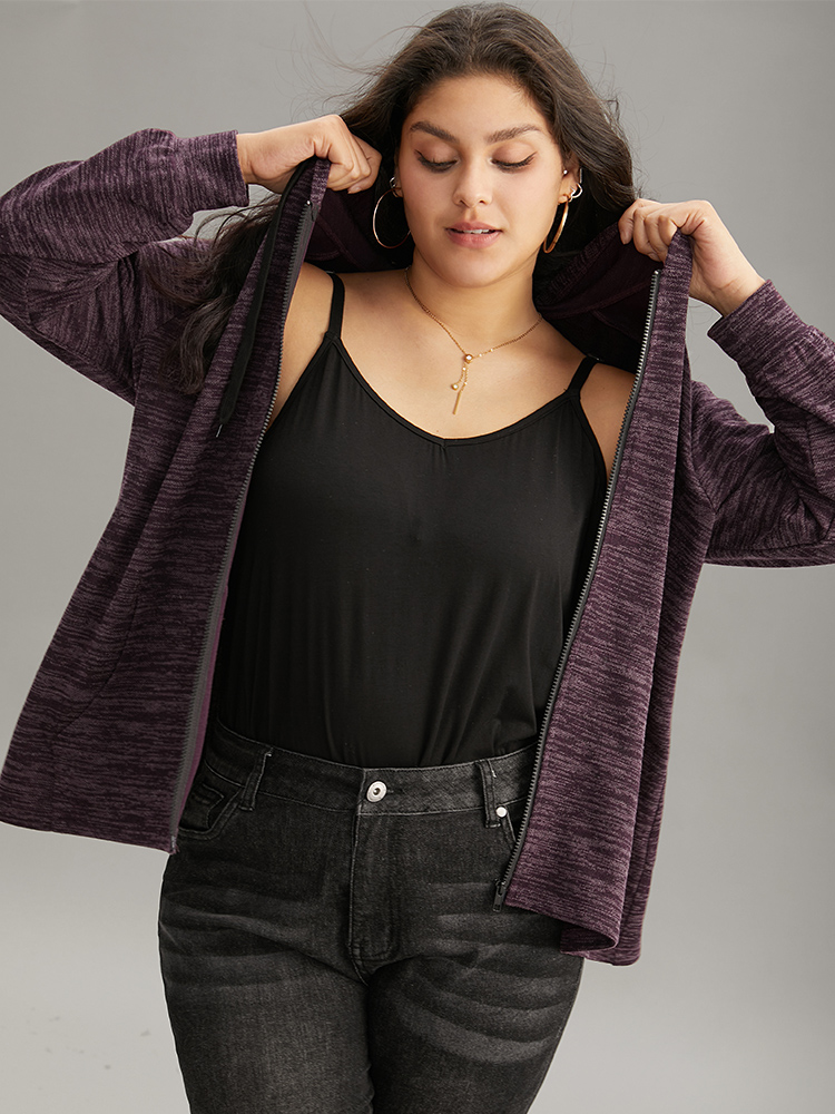 Plus Size Solid Heather Pocket Hooded Zipper Sweatshirt Women Purple Casual Heather Hooded Dailywear Sweatshirts BloomChic 26/4X 