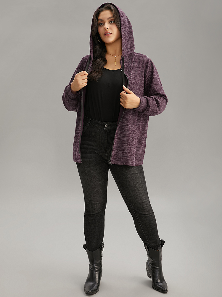 Plus Size Solid Heather Pocket Hooded Zipper Sweatshirt Women Purple Casual Heather Hooded Dailywear Sweatshirts BloomChic 26/4X 