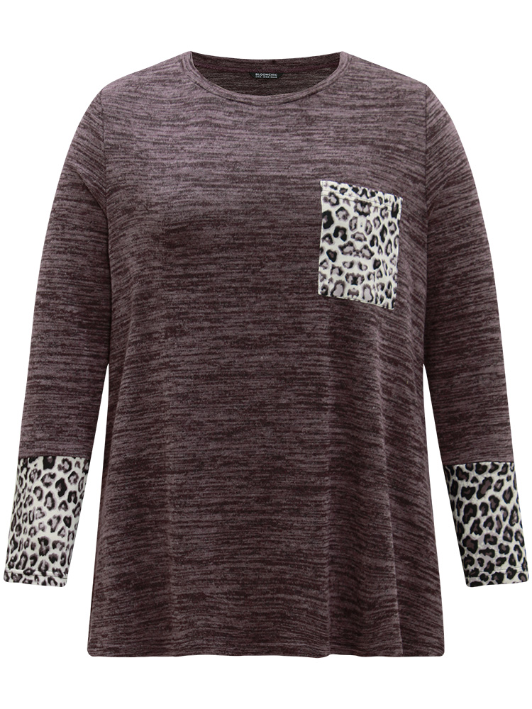 

Plus Size Leopard Patchwork Heather Patched Pocket T-shirt Purple Women Casual Contrast Leopard Round Neck Dailywear T-shirts BloomChic