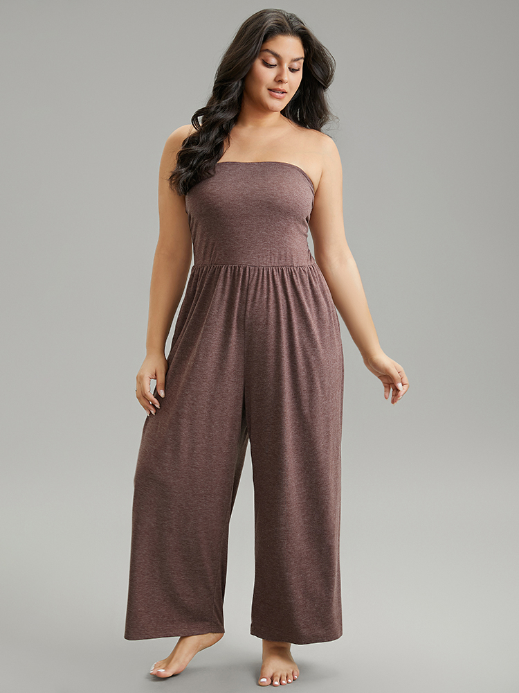 

Plus Size Plain Pocket Shoulderless Gathered Sleep Jumpsuit DarkBrown Pocket Plain Dailywear Casual Sleep Jumpsuits/Rompers  Bloomchic