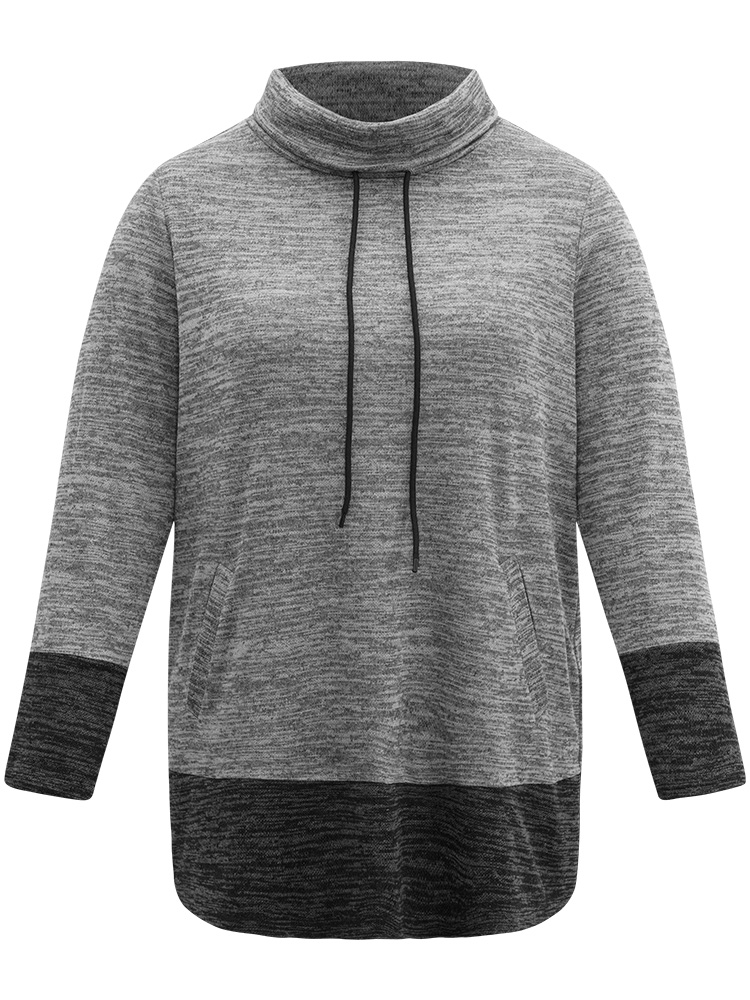 Plus Size Contrast Turtleneck Pocket Drawstring Sweatshirt Women DimGray Casual Contrast Turtleneck Dailywear Sweatshirts BloomChic 22-24/3X 