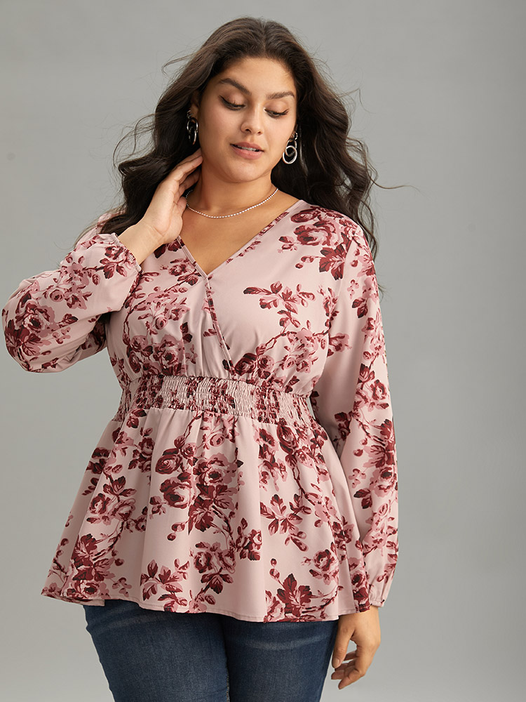 

Plus Size Burgundy Floral Print Shirred Surplice Neck Blouse Women Elegant Long Sleeve Overlap Collar Everyday Blouses BloomChic