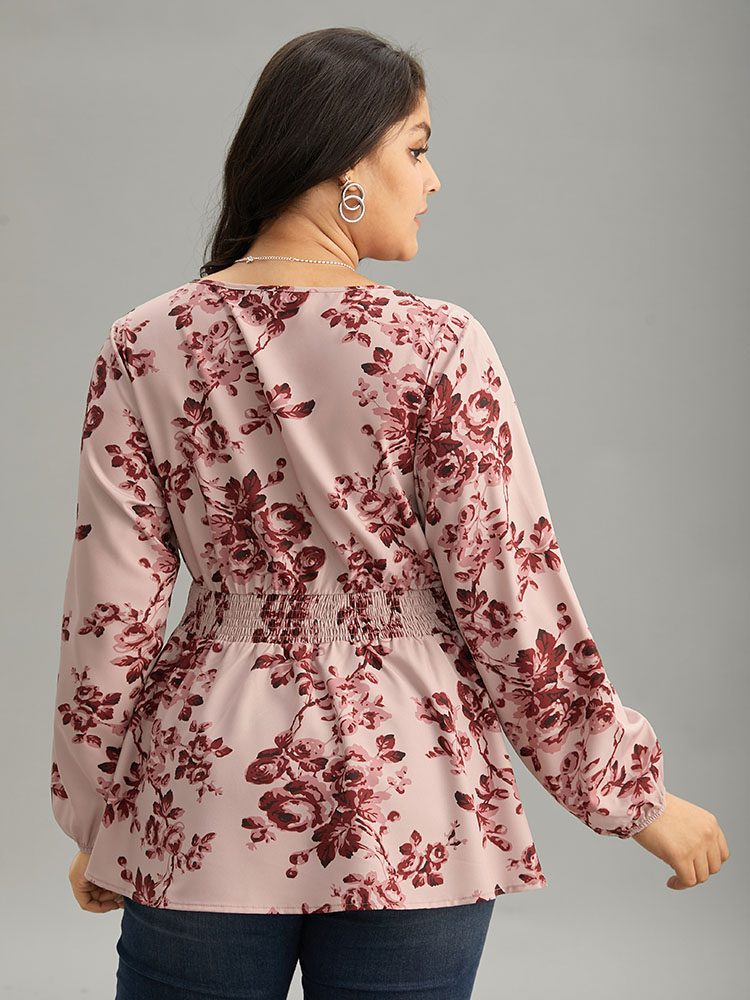 

Plus Size Burgundy Floral Print Shirred Surplice Neck Blouse Women Elegant Long Sleeve Overlap Collar Everyday Blouses BloomChic