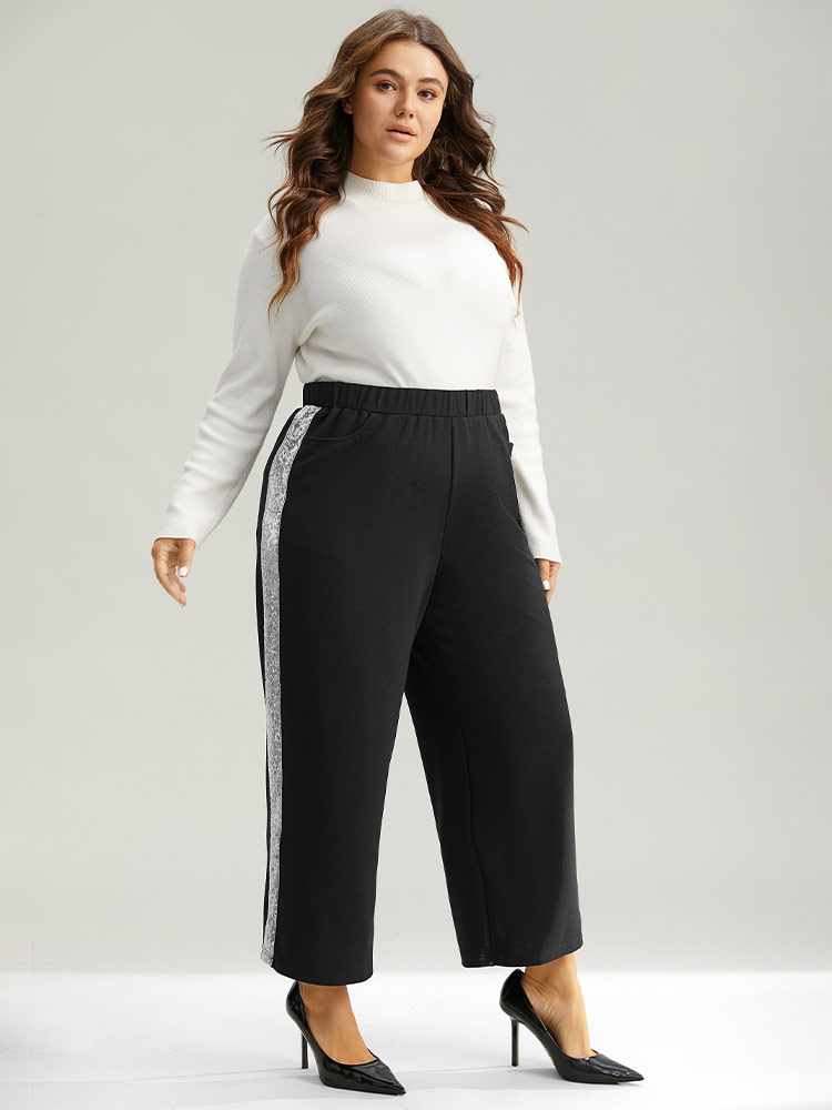 Plus Size Women Dailywear Patchwork Sequin High Rise Pocket Glamour Pants BloomChic 