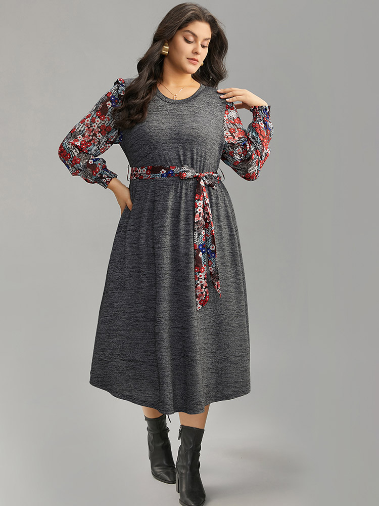 

Plus Size Ditsy Floral Patchwork Ruffle Trim Belted Dress DimGray Women Belted Round Neck Long Sleeve Curvy Midi Dress BloomChic