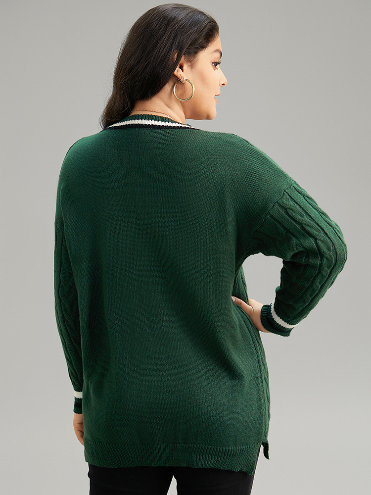 

Plus Size Cable Knit Contrast Trim Drop Shoulder Pullover DarkGreen Women Casual Loose Long Sleeve V-neck Dailywear Pullovers BloomChic