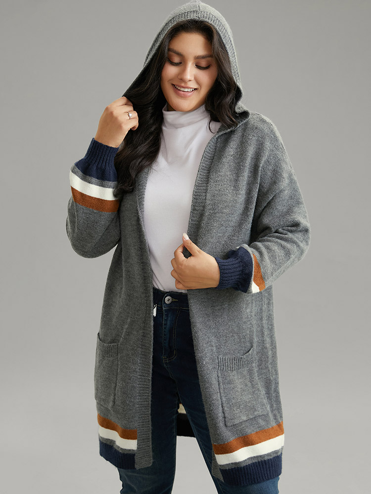 

Plus Size Supersoft Essentials Striped Contrast Pocket Hooded Cardigan DimGray Women Casual Loose Long Sleeve Dailywear Cardigans BloomChic