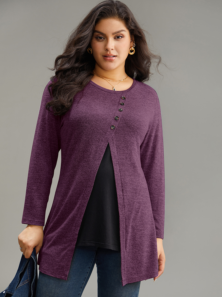 

Plus Size Contrast Patchwork Crew Neck Button Detail T-shirt Purple Round Neck Long Sleeve Elegant Jersey Tops