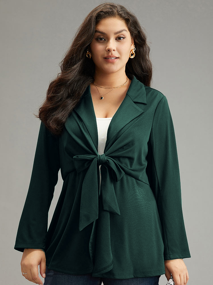 

Plus Size Suit Collar Knot Ruffle Hem Blazer DarkGreen Women Work Plain Plain Sleeve Long Sleeve Suit Collar  Work From Home Blazers BloomChic