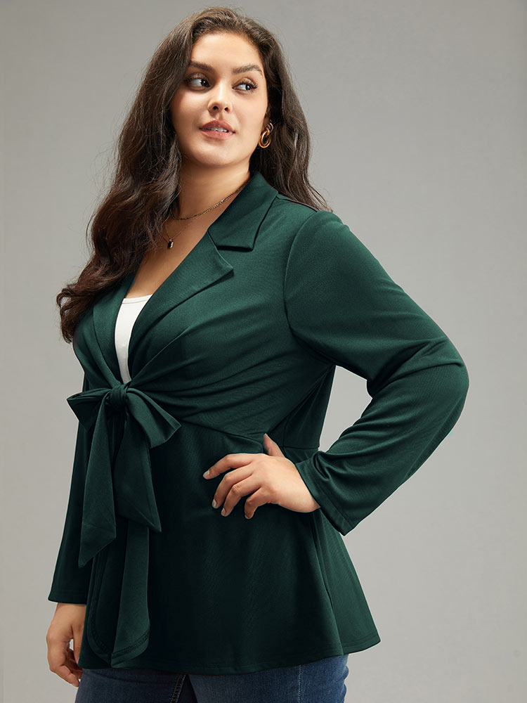 Plus Size Suit Collar Knot Ruffle Hem Blazer DarkGreen Women Work Plain Plain Sleeve Long Sleeve Suit Collar 12/L Work From Home Blazers BloomChic 