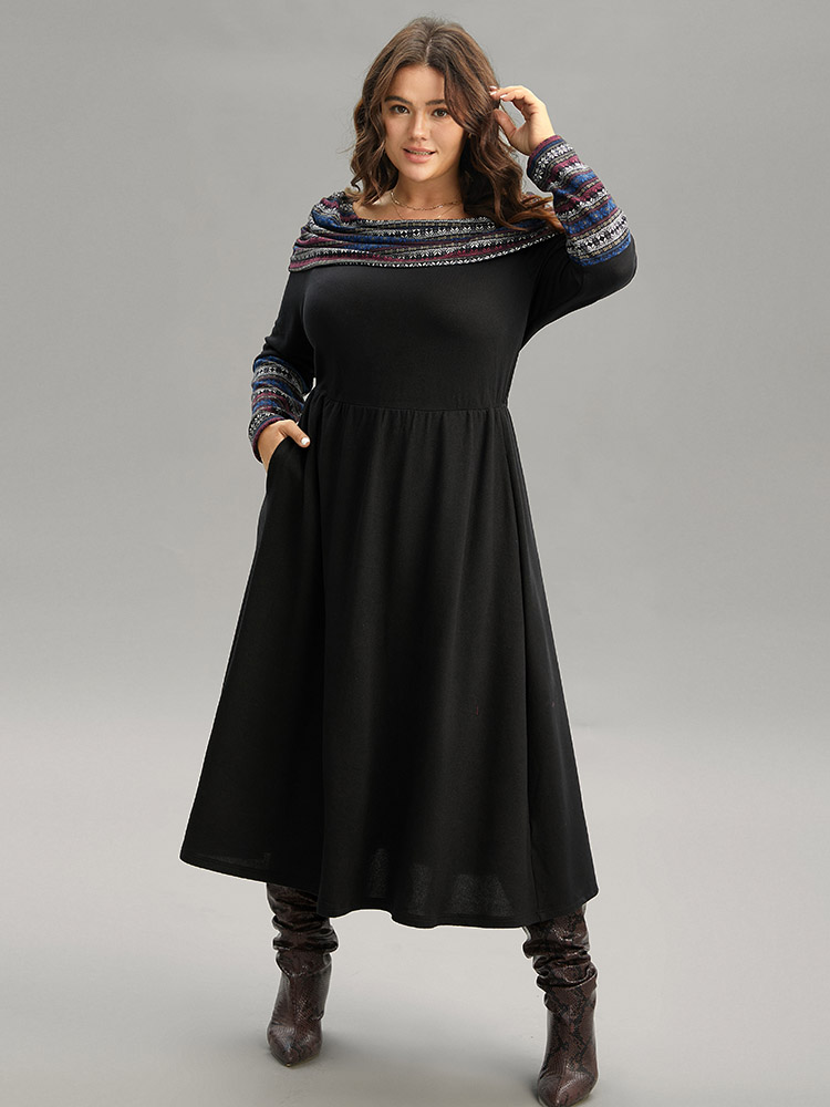 

Plus Size Boat Neck Striped Contrast Gathered Dress Black Women Office Gathered Boat Neck Long Sleeve Curvy Midi Dress BloomChic